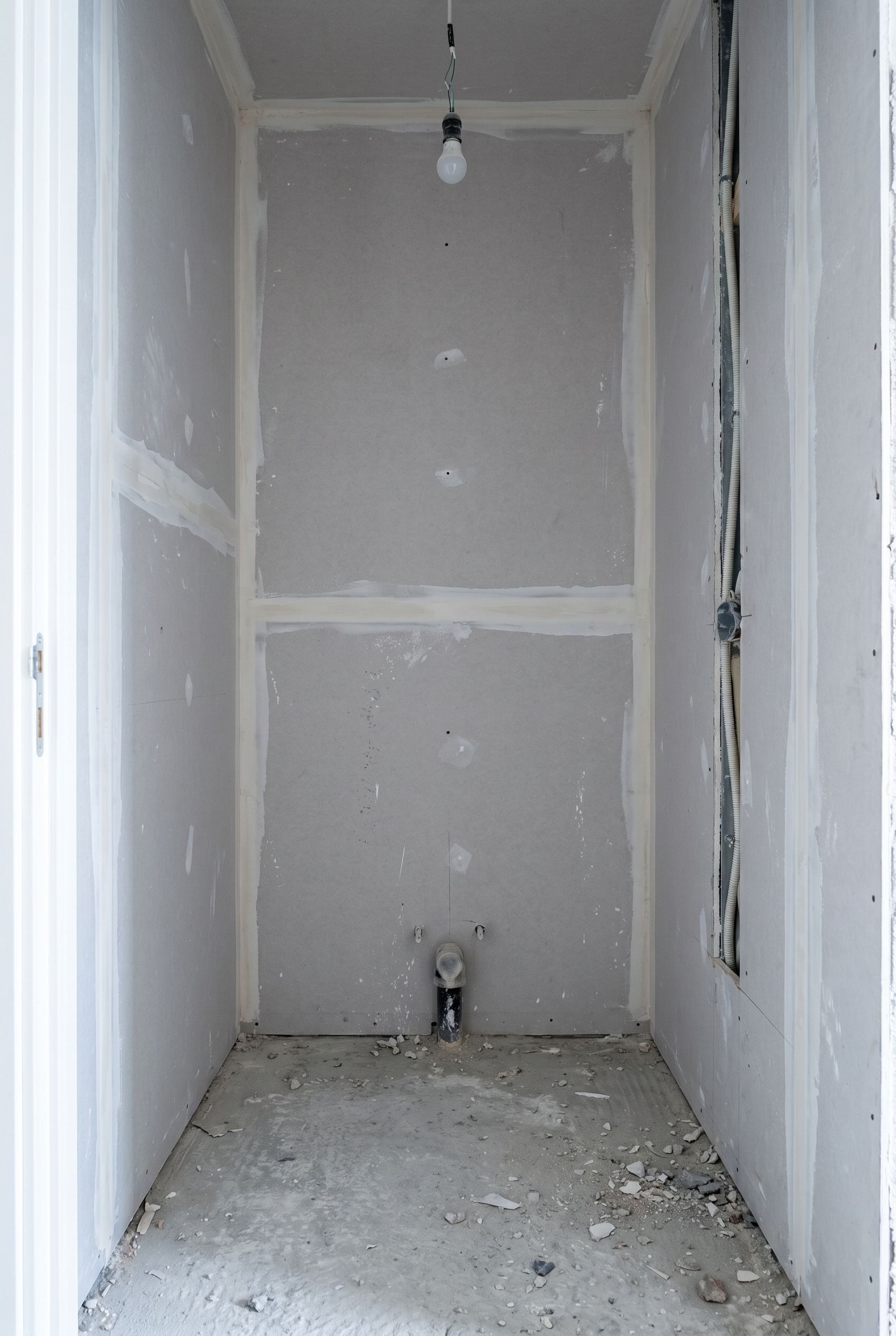 Al Barsha villa cloakroom, pre-renovation construction shell. Bare drywall, exposed plumbing rough-in, raw concrete floor.