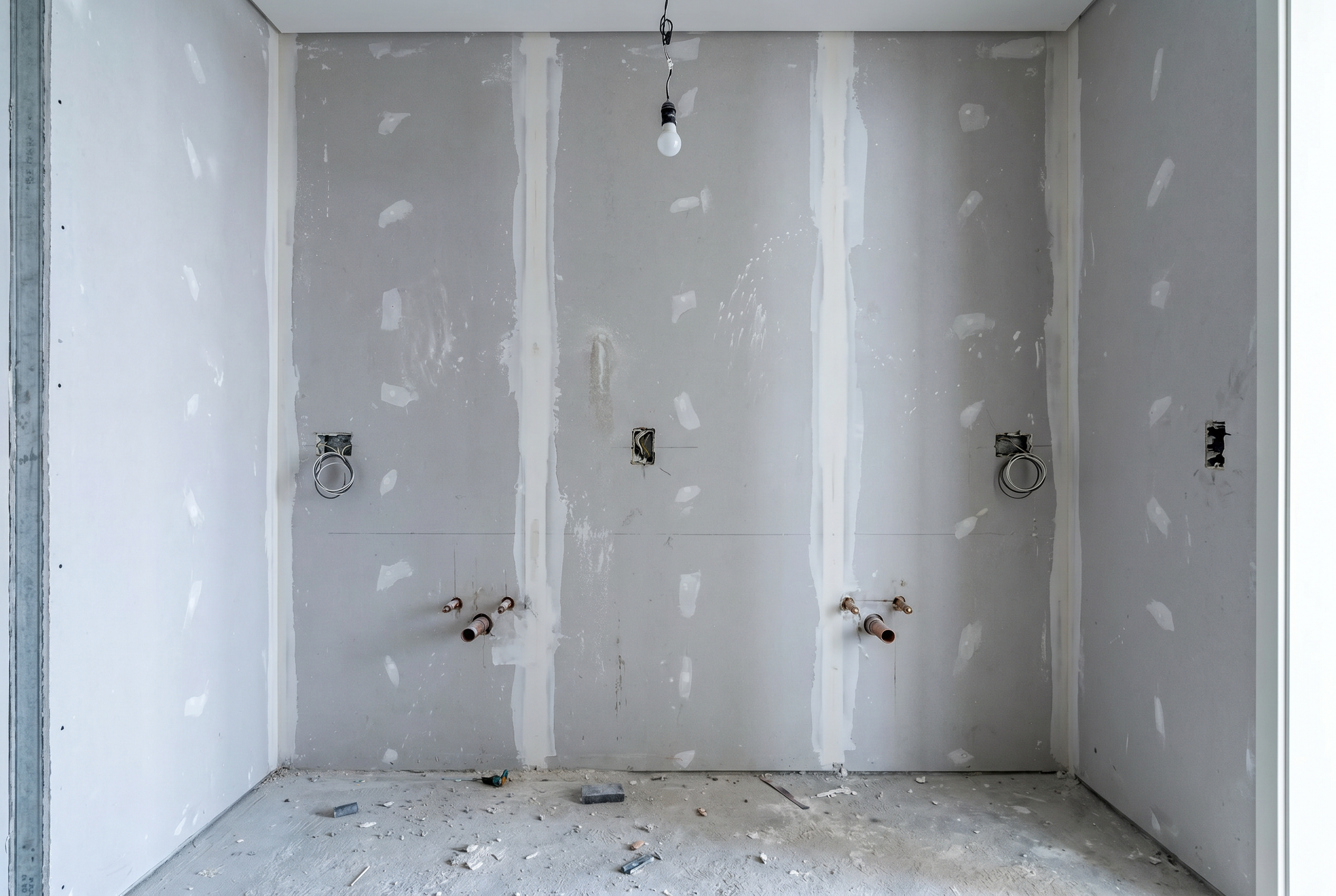 Turk Villa master bathroom, pre-renovation construction shell. Bare grey drywall, plumbing rough-in stubs, raw concrete floor.